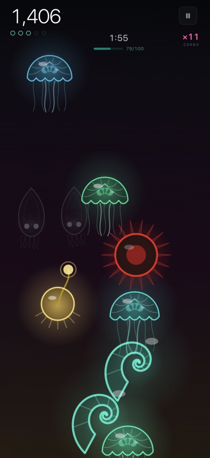 Bubble Drift in play with Abyss: glowing medusas, an anglerfish lure, a nautilus and a red urchin bomb, score 1,406 and an eleven-pop combo.