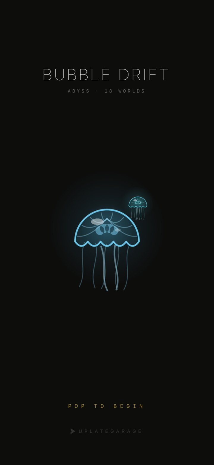 Bubble Drift launch screen in the Abyss skin: a glowing blue medusa under the words Abyss, 18 worlds.