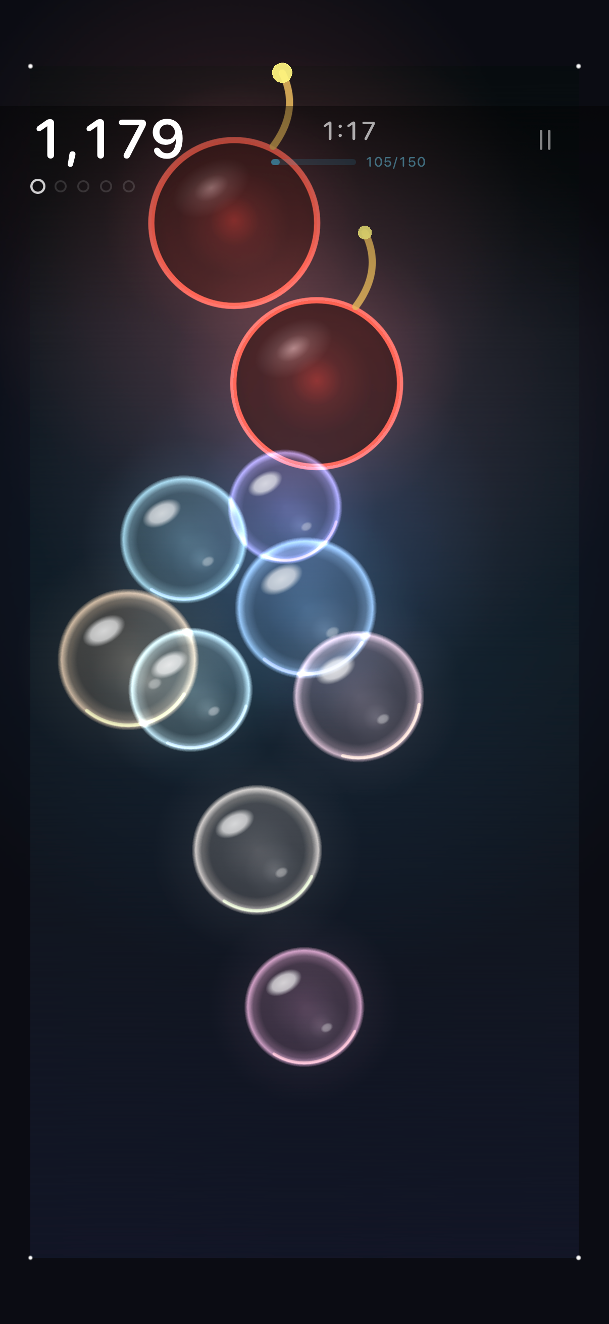 Edge-lit glass bubbles drifting, with red fuse bombs