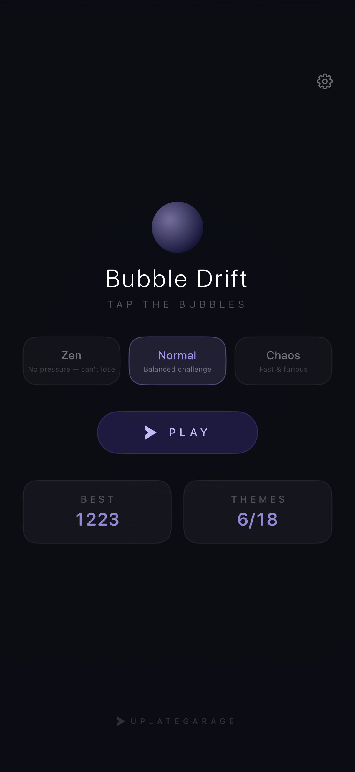 Bubble Drift main menu with Zen, Normal, and Chaos mode selection