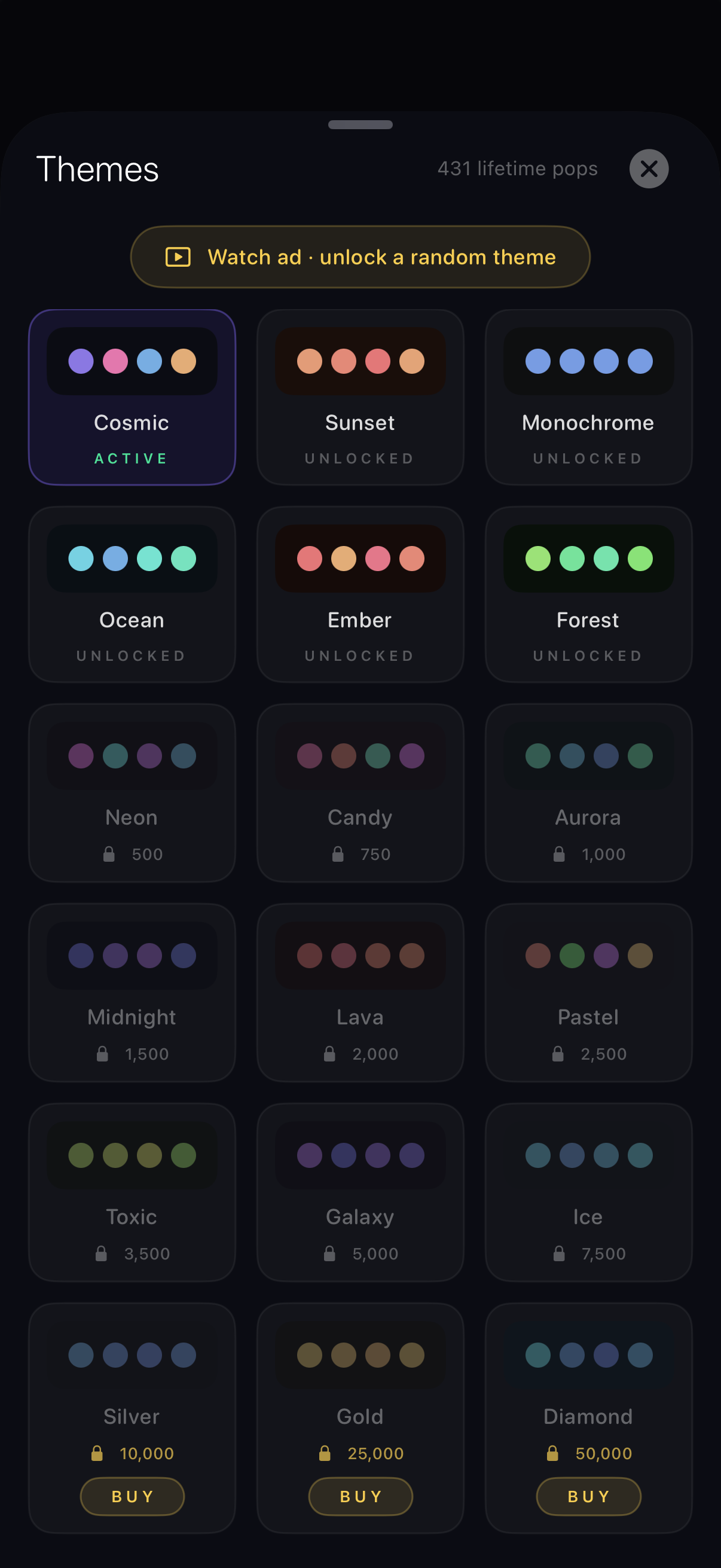 Theme picker showing 18 unlockable colour themes